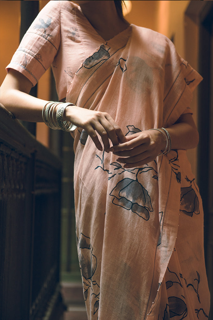 Grey Poppy on Peach Linen Handloom Sari