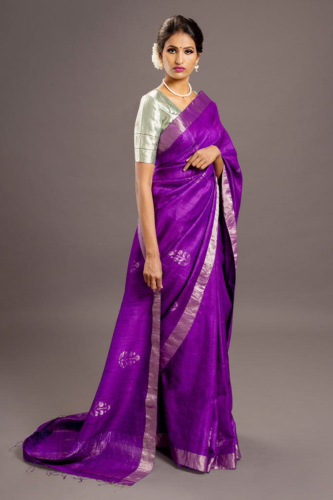 Verbena Purple Jamdani Pure Tussar Handloom Silk Sari