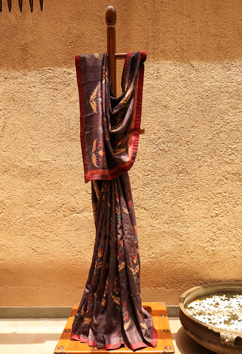 Hibiscus Pure Tussar Kalamkari Handloom Sari