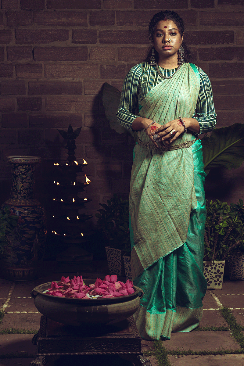 Sea Green Pure Tussar n Ghicha Handloom Sari