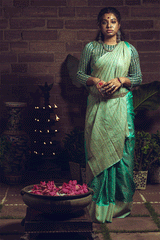 Sea Green Pure Tussar n Ghicha Handloom Sari