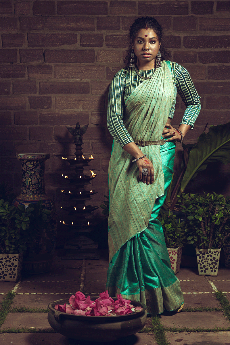 Sea Green Pure Tussar n Ghicha Handloom Sari