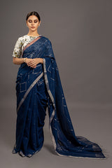 Indigo Zari Jamdani Pure Tussar Khadi Handloom Sari
