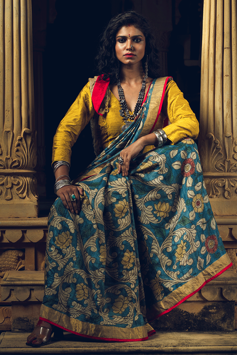 Blue Floral Kalamkari Pure Silk Handloom Sari