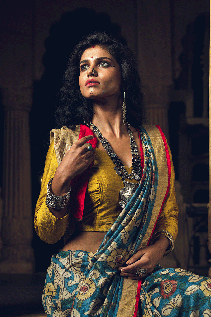 Blue Floral Kalamkari Pure Silk Handloom Sari