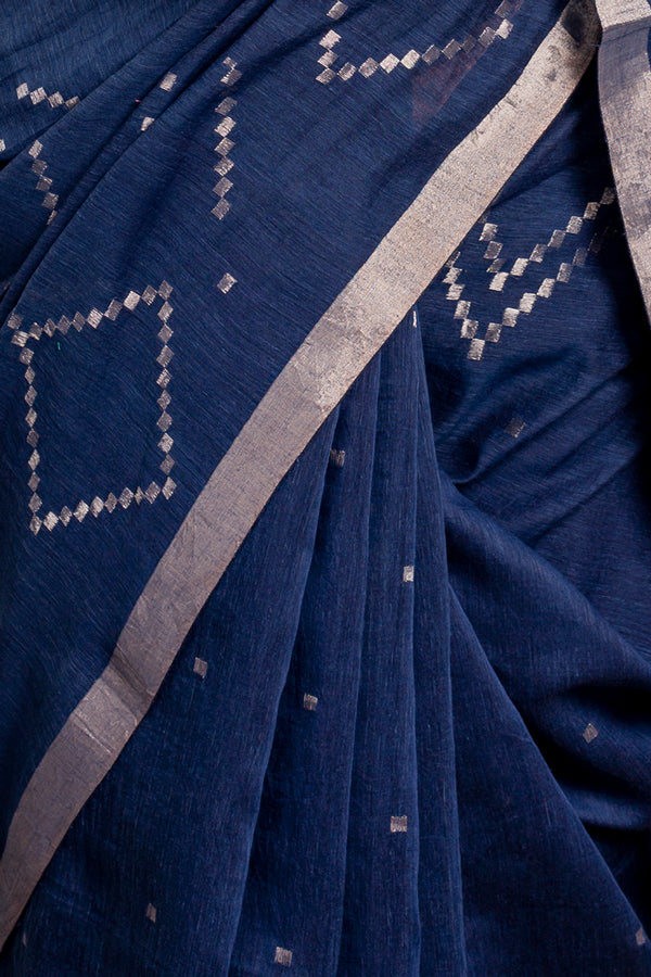 Indigo Zari Jamdani Pure Tussar Khadi Handloom Sari