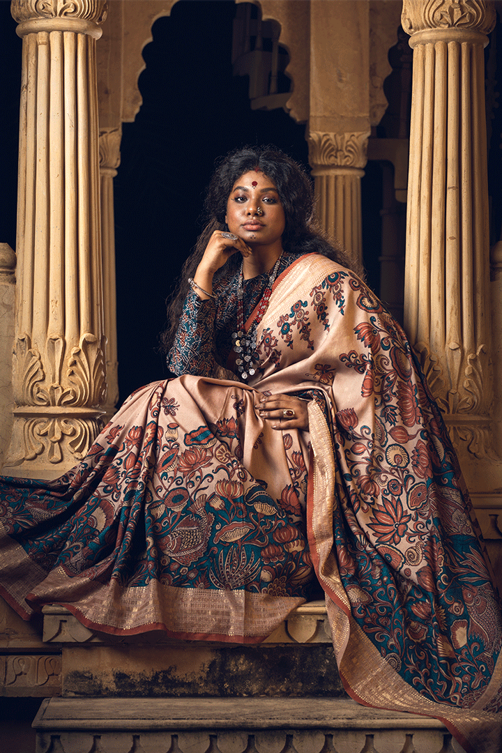 Beige Lotus Zari Pure Silk Kalamkari Handloom Sari