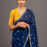 Navy Blue Zari Jamdani Pure Tussar Khadi Handloom Sari