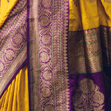 Yellow Purple Zari Pure Katan Banarasi Sari