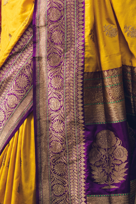 Yellow Purple Zari Pure Katan Banarasi Sari