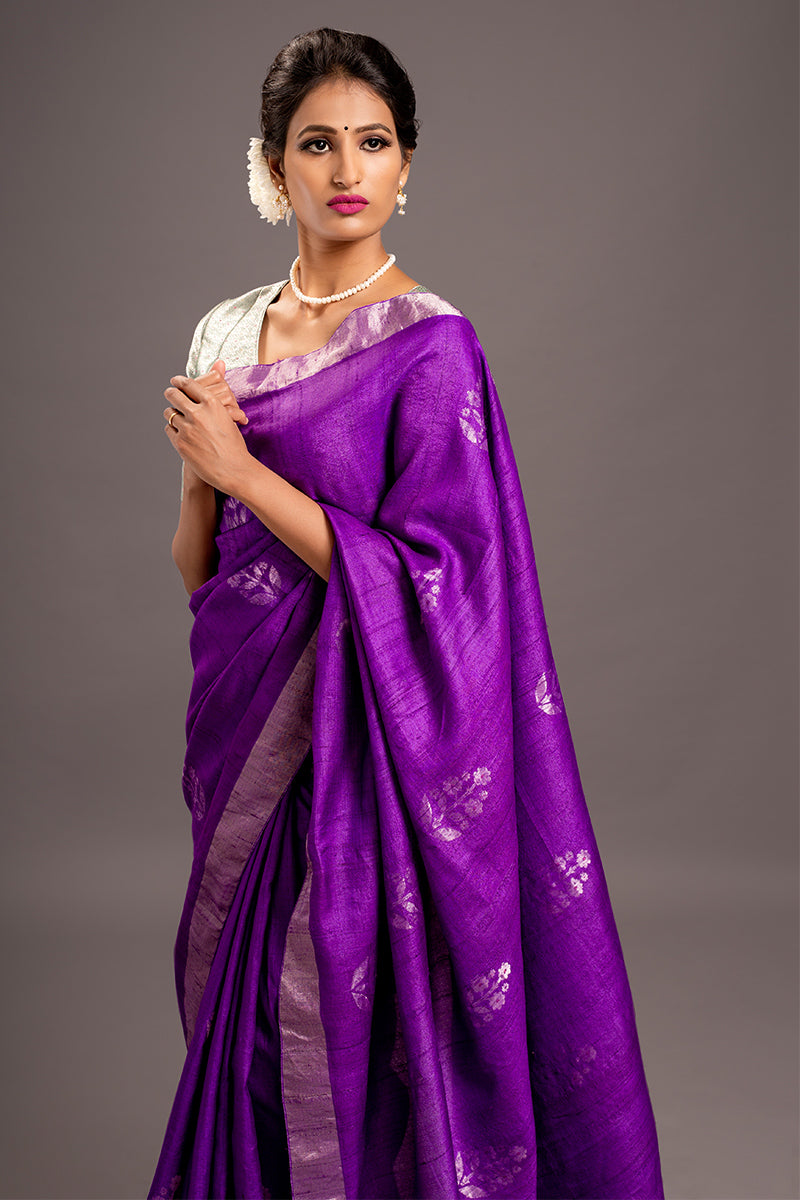 Verbena Purple Jamdani Pure Tussar Handloom Silk Sari