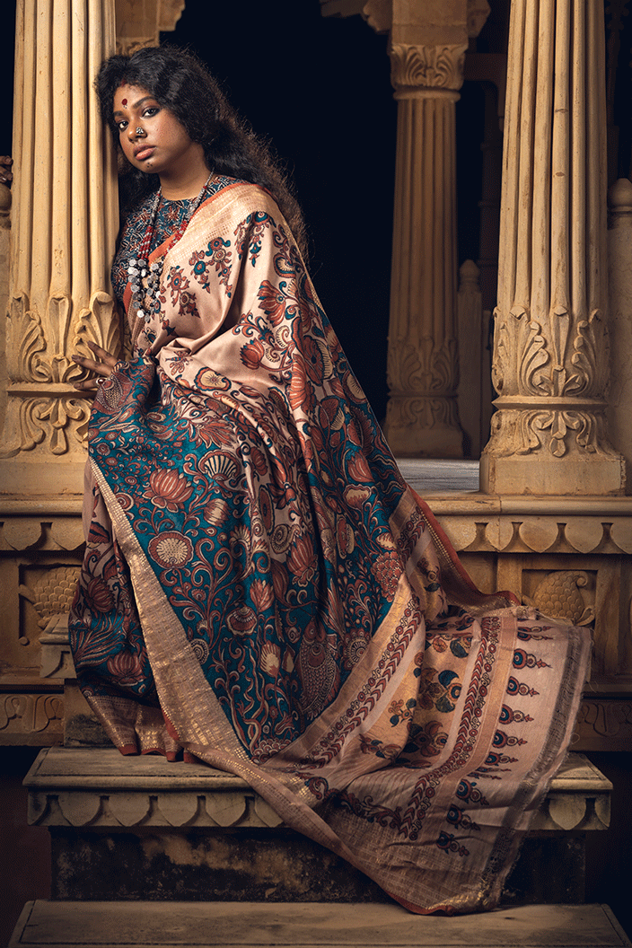 Beige Lotus Zari Pure Silk Kalamkari Handloom Sari