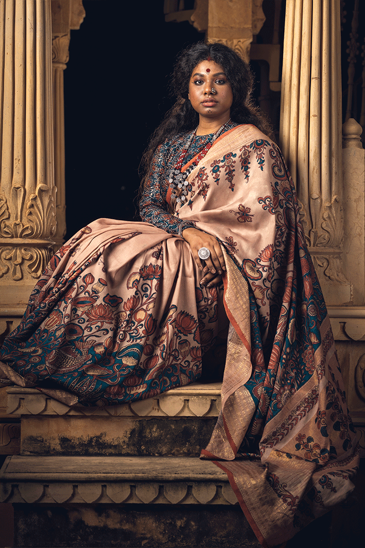 Beige Lotus Zari Pure Silk Kalamkari Handloom Sari