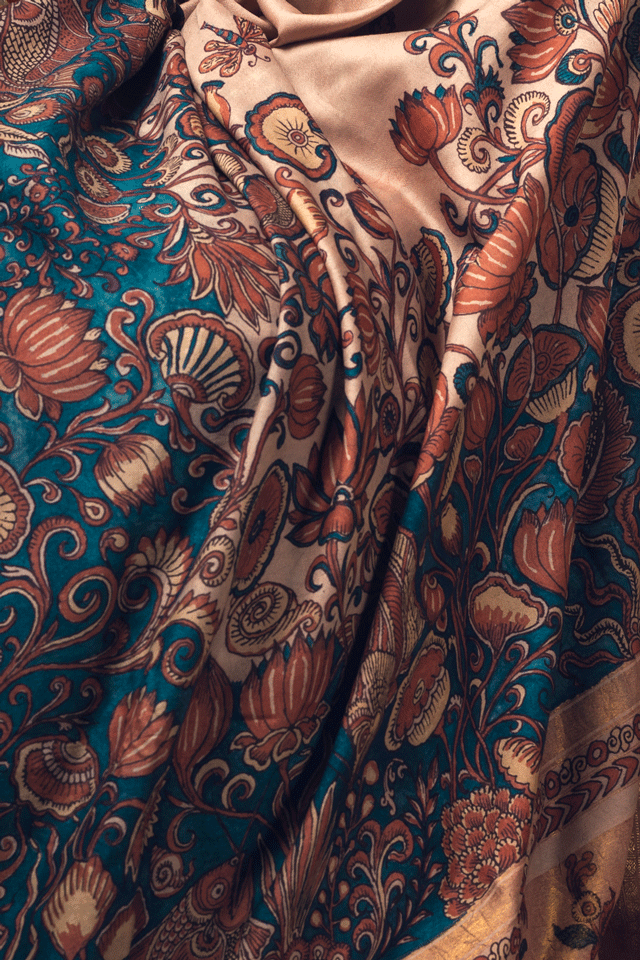 Beige Lotus Zari Pure Silk Kalamkari Handloom Sari