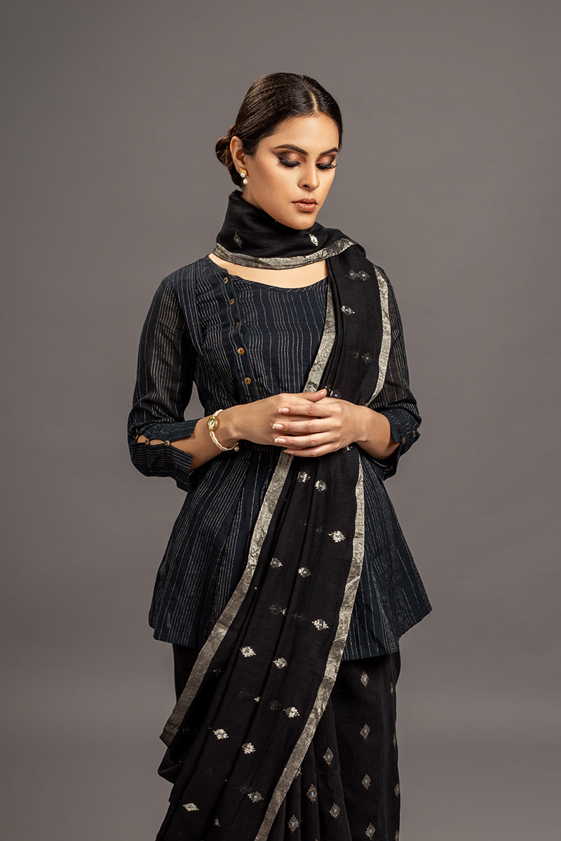 Black Zari Jamdani Pure Tussar Khadi Handloom Sari