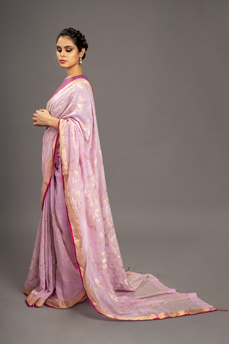 Mauve Silver Gold Zari Jamdani Pure Tussar Khadi Handloom Sari