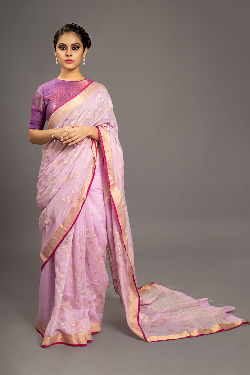 Mauve Silver Gold Zari Jamdani Pure Tussar Khadi Handloom Sari