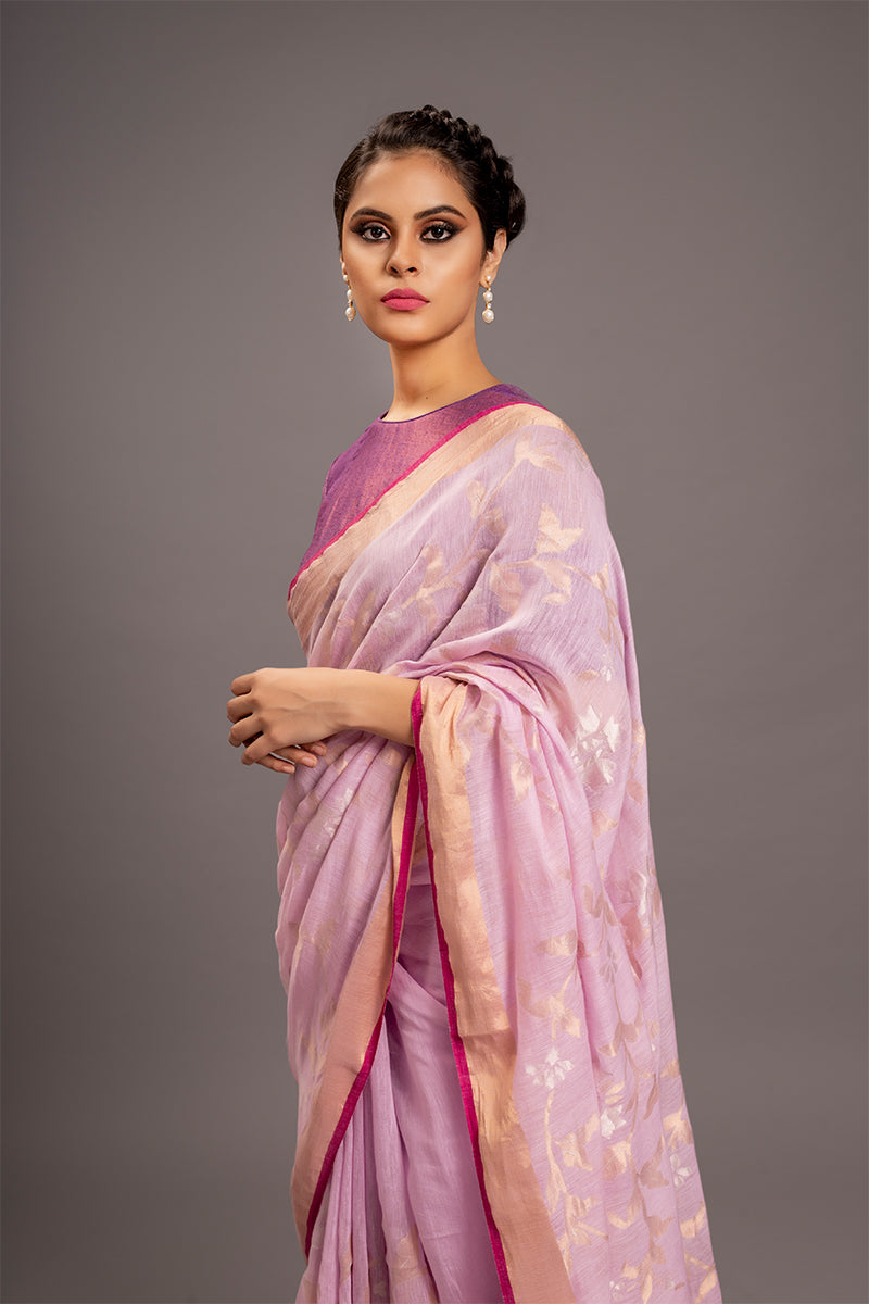 Mauve Silver Gold Zari Jamdani Pure Tussar Khadi Handloom Sari