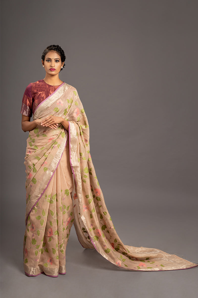 Pinkish Beige Jamdani Pure Tussar Khadi Handloom Sari