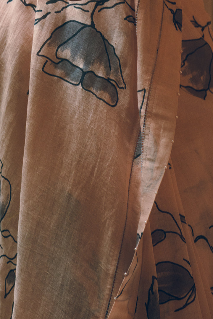 Grey Poppy on Peach Linen Handloom Sari