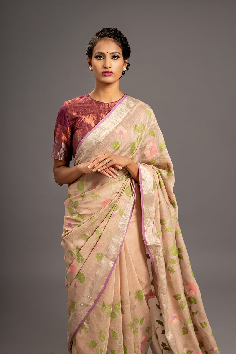 Pinkish Beige Jamdani Pure Tussar Khadi Handloom Sari