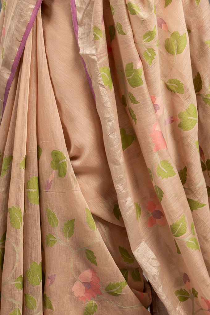 Pinkish Beige Jamdani Pure Tussar Khadi Handloom Sari