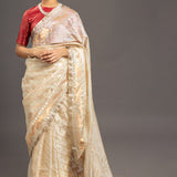 Beige Gold Silver Zari Jamdani Pure Tussar Silk Handloom Sari