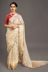 Beige Gold Silver Zari Jamdani Pure Tussar Silk Handloom Sari