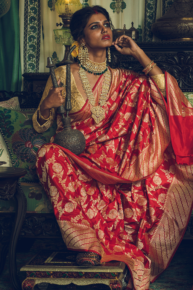 Red Pure Katan Kadwa Banarasi Handloom Sari