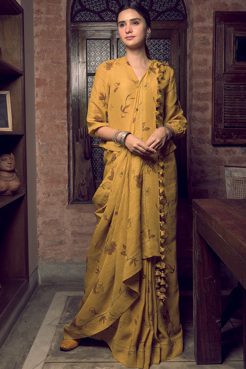 Spring Mustard Linen Handloom Sari