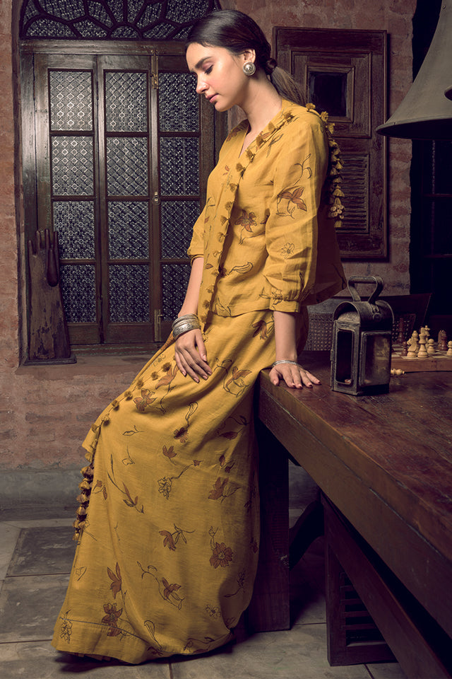 Spring Mustard Linen Handloom Sari