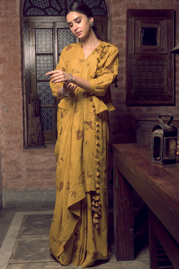 Spring Mustard Linen Handloom Sari