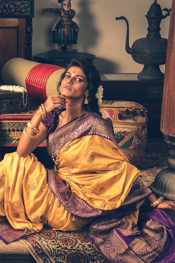 Yellow Purple Zari Pure Katan Banarasi Sari