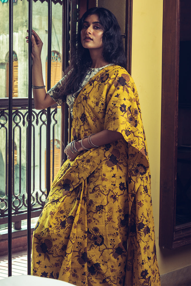 Forest Pattern Mustard Linen Handloom Sari