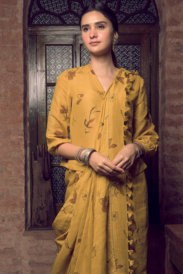 Spring Mustard Linen Handloom Sari