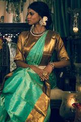 Sea Green Geometric Zari Pure Silk Kanjivaram Handloom Sari