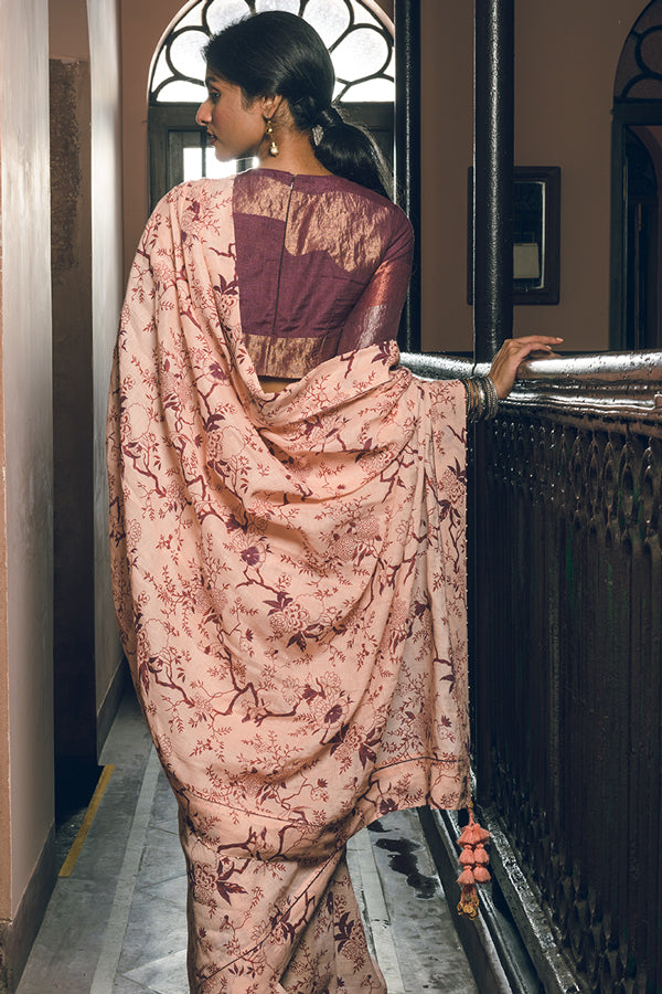 Forest pattern Pastel Linen Handloom Sari