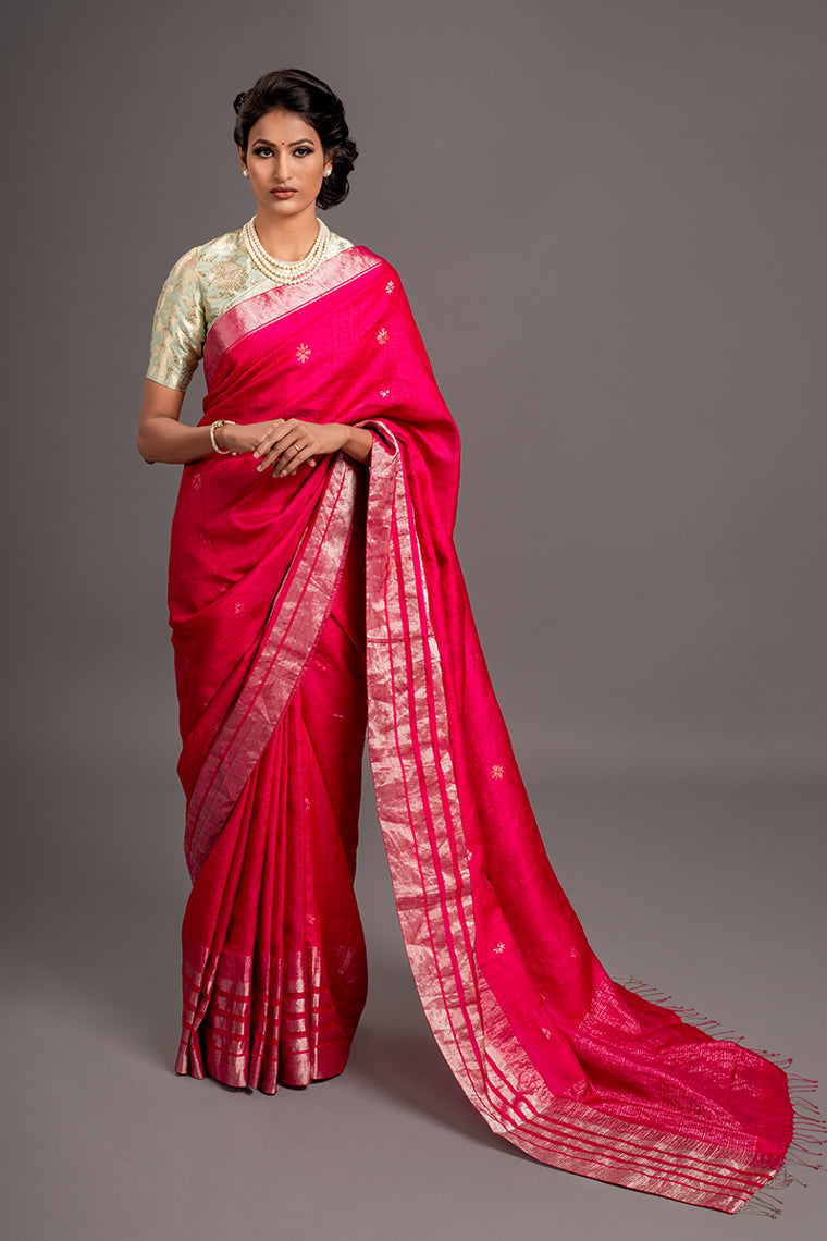 Fuschia Zari Jamdani Pure Tussar Handloom Sari