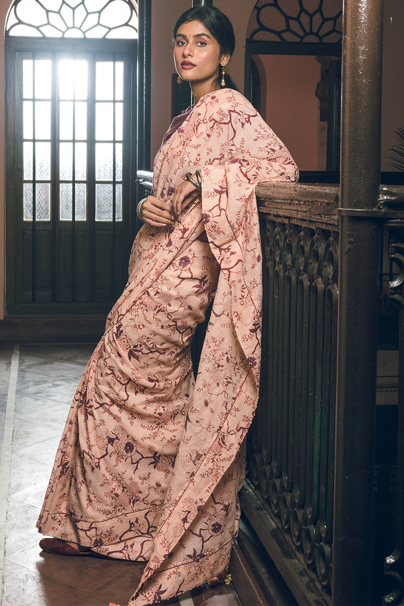 Forest pattern Pastel Linen Handloom Sari