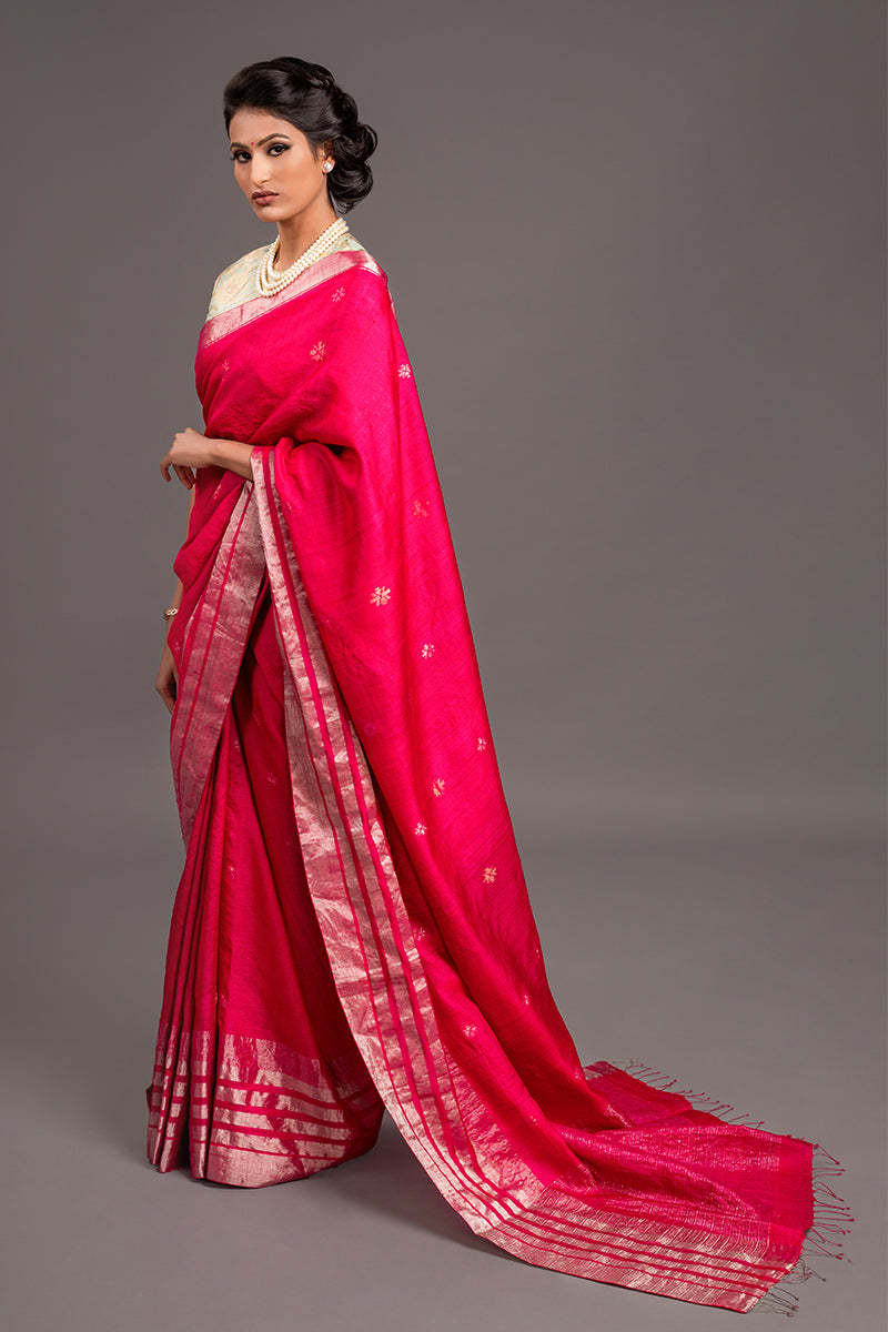 Fuschia Zari Jamdani Pure Tussar Handloom Sari