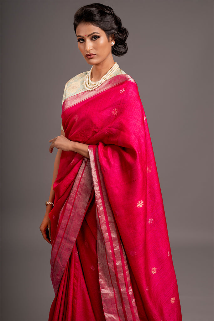 Fuschia Zari Jamdani Pure Tussar Handloom Sari