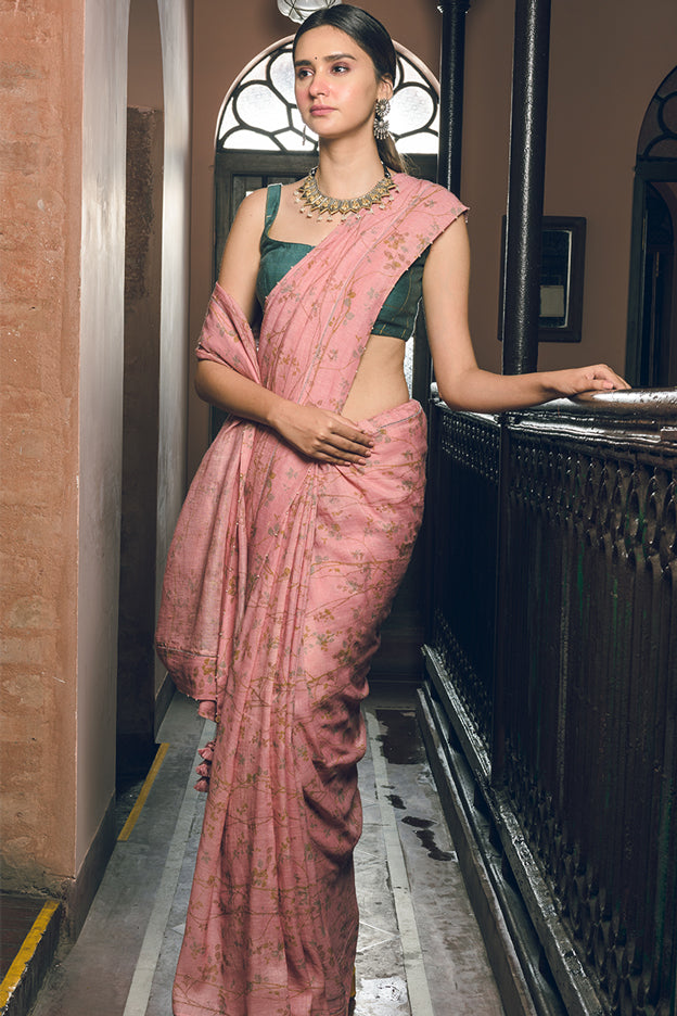 Pink Magnolia Linen Handloom Sari