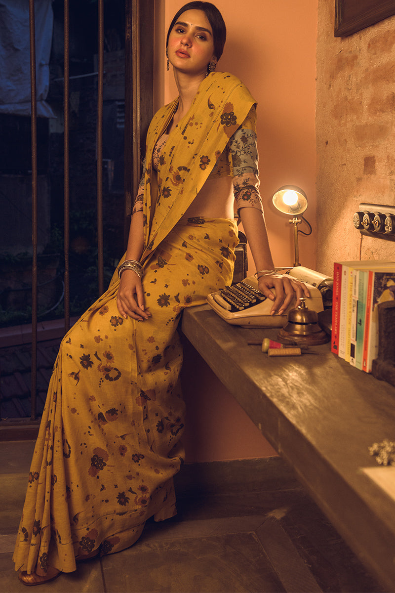 'Manjari' Spring flowers Linen Handloom Sari