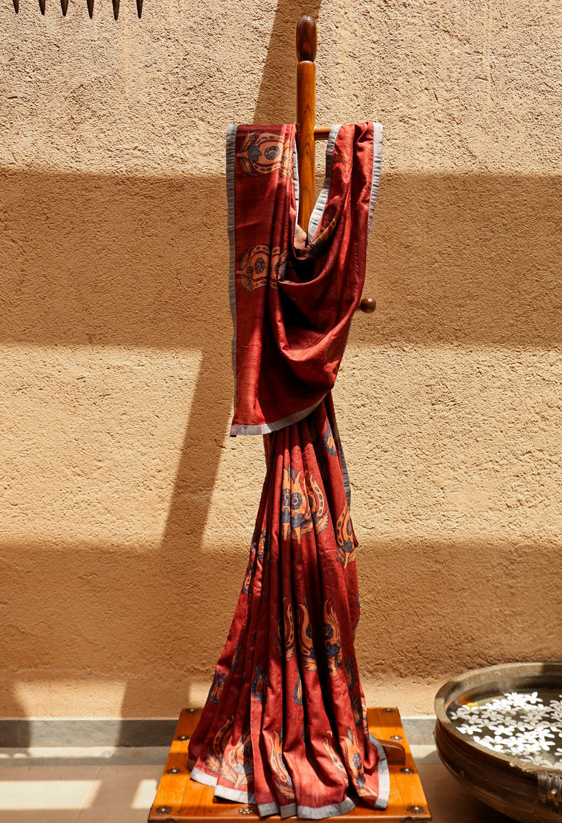 Lotus Pure Tussar Kalamkari Handloom Sari