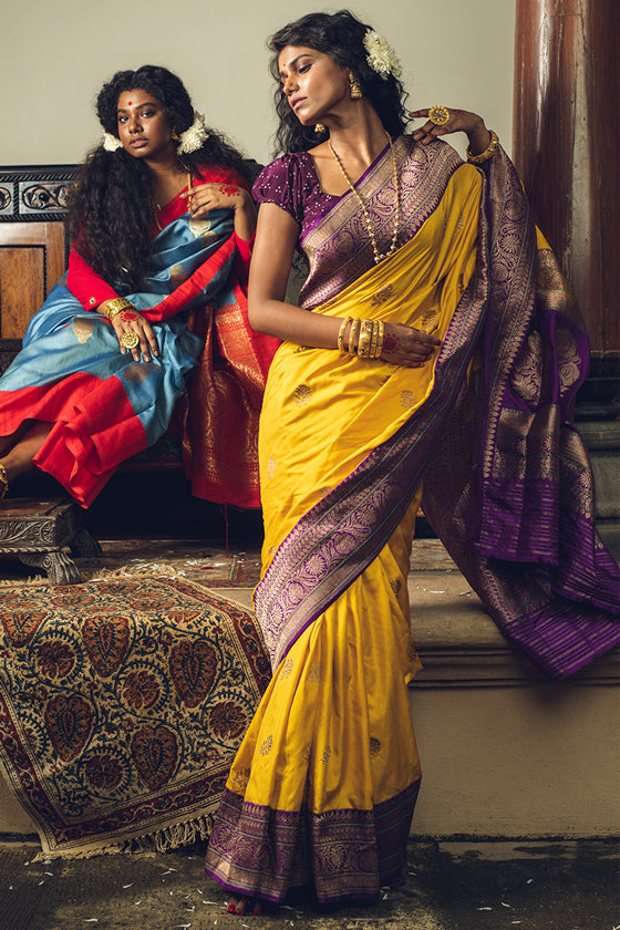 Yellow Purple Zari Pure Katan Banarasi Sari
