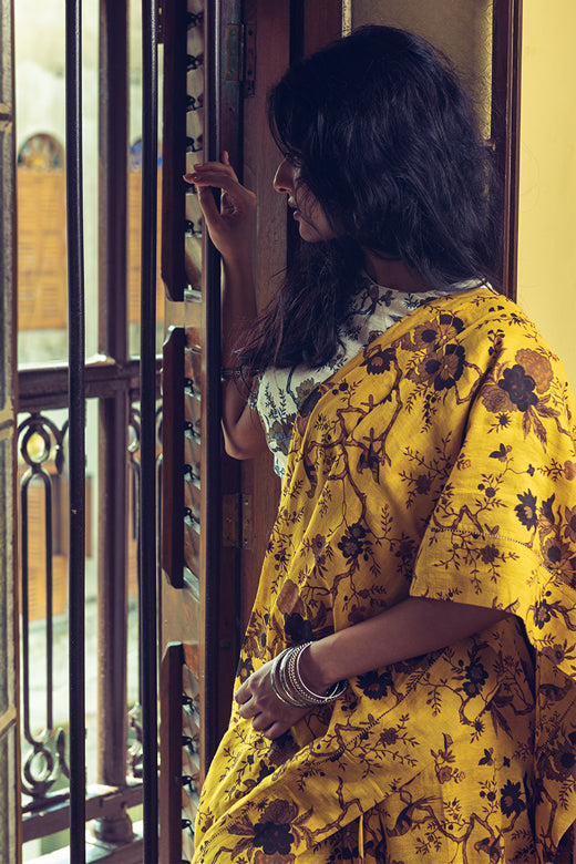 Forest Pattern Mustard Linen Handloom Sari