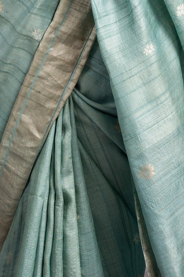 Ice Blue Zari Jamdani Pure Tussar Handloom Sari