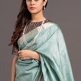 Ice Blue Zari Jamdani Pure Tussar Handloom Sari