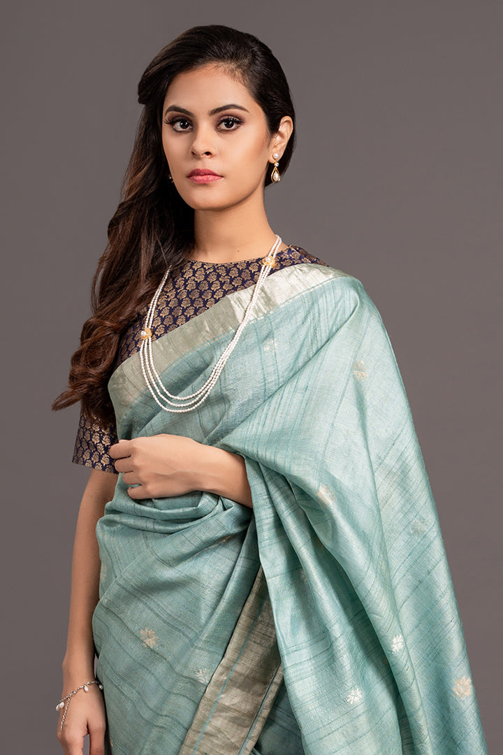 Ice Blue Zari Jamdani Pure Tussar Handloom Sari