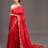 Scarlet Red Zari Jamdani Pure Tussar Handloom Sari